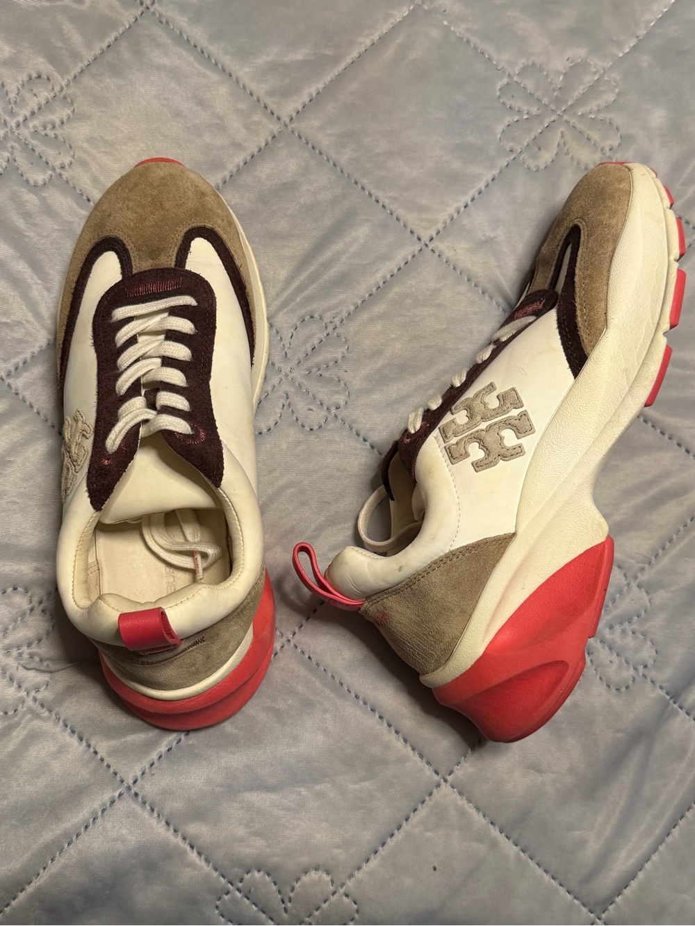 Tory Burch Sneakers Suede Shoe Beige Cream Pink Womens Size 8